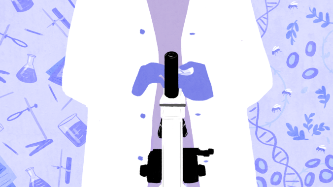 Image Description: A scientist is standing in front of a microscope. Only their torso and hands are visible. The background to their left is a geometric pattern of laboratory equipment, representing the sterile and robotic aspects of science. To their right is a background of DNA helices, plants, insects, and cells, representing the appeal of science in organic forms. Illustration by Alexa Fishman www.alexafishman.com/